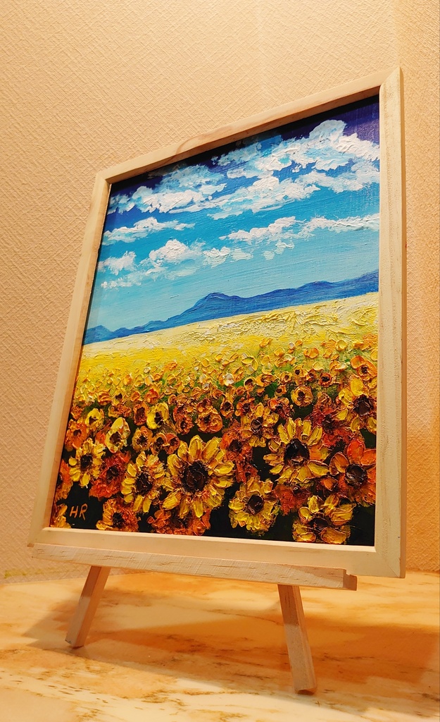 油絵 空と雲のひまわり畑
