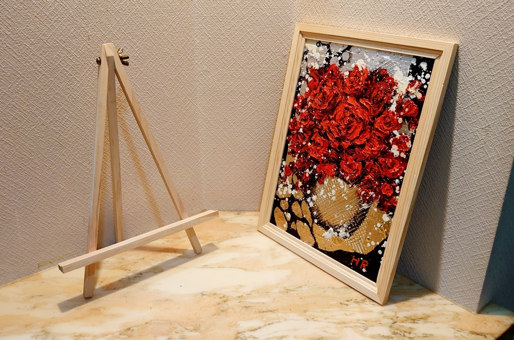 油絵 赤い薔薇【A4】