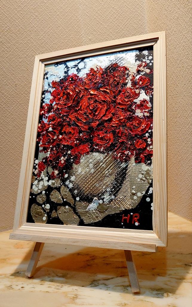 油絵 赤い薔薇【Ａ4】