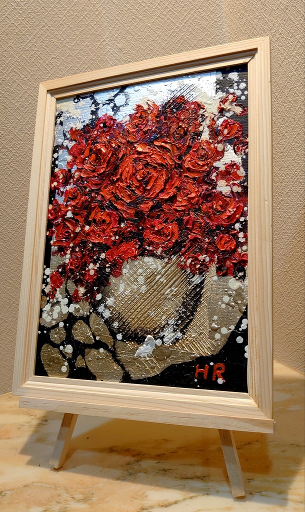 油絵 赤い薔薇【A4】