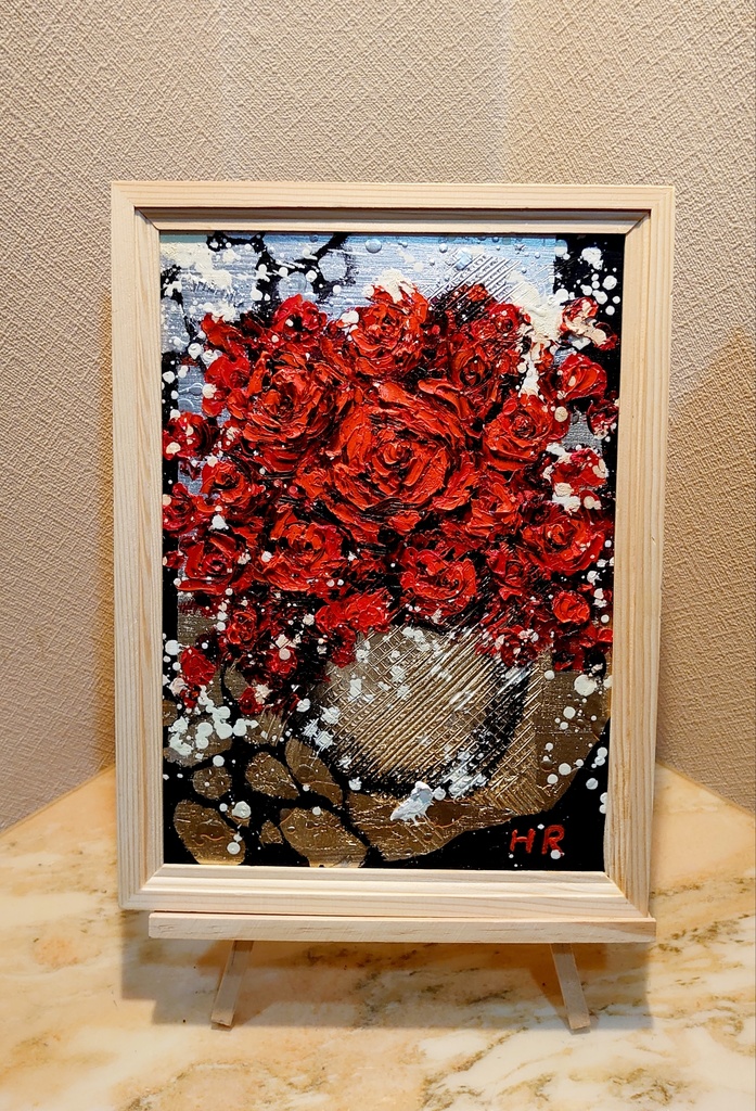 油絵 赤い薔薇【A4】