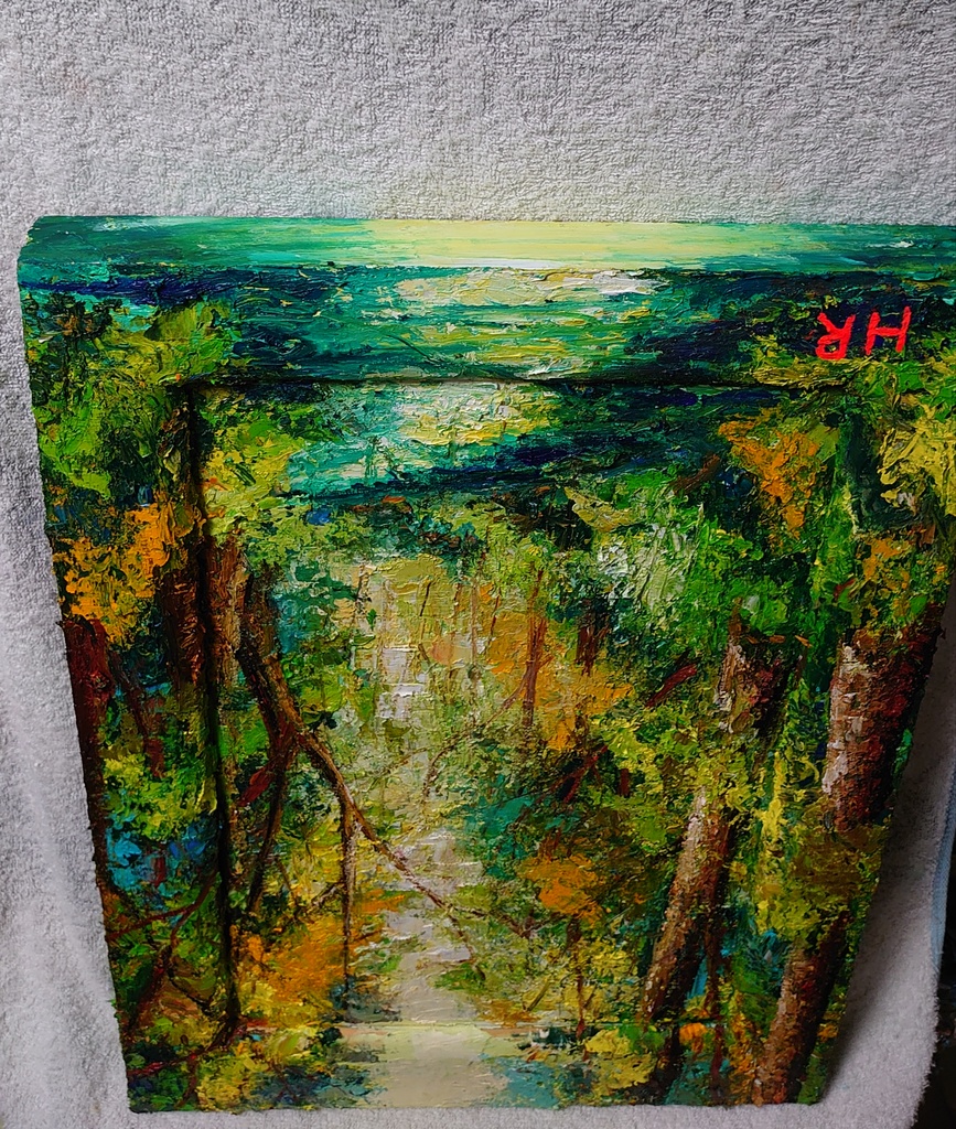 油絵 森の川