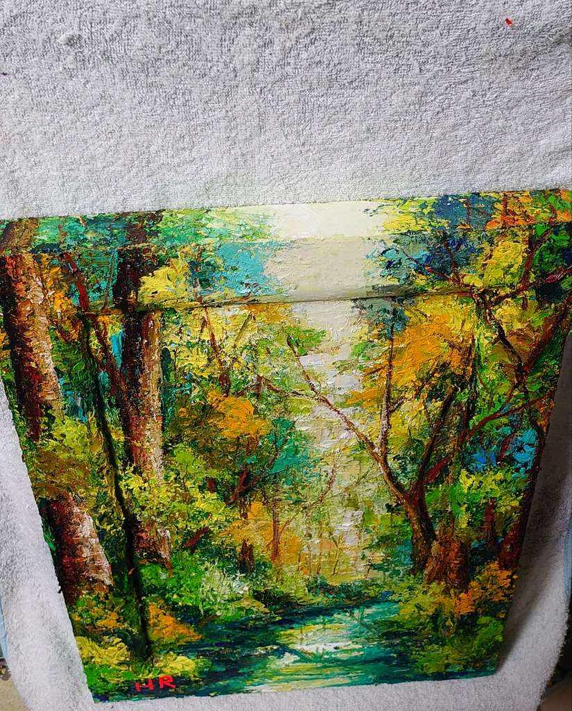 油絵 森の川