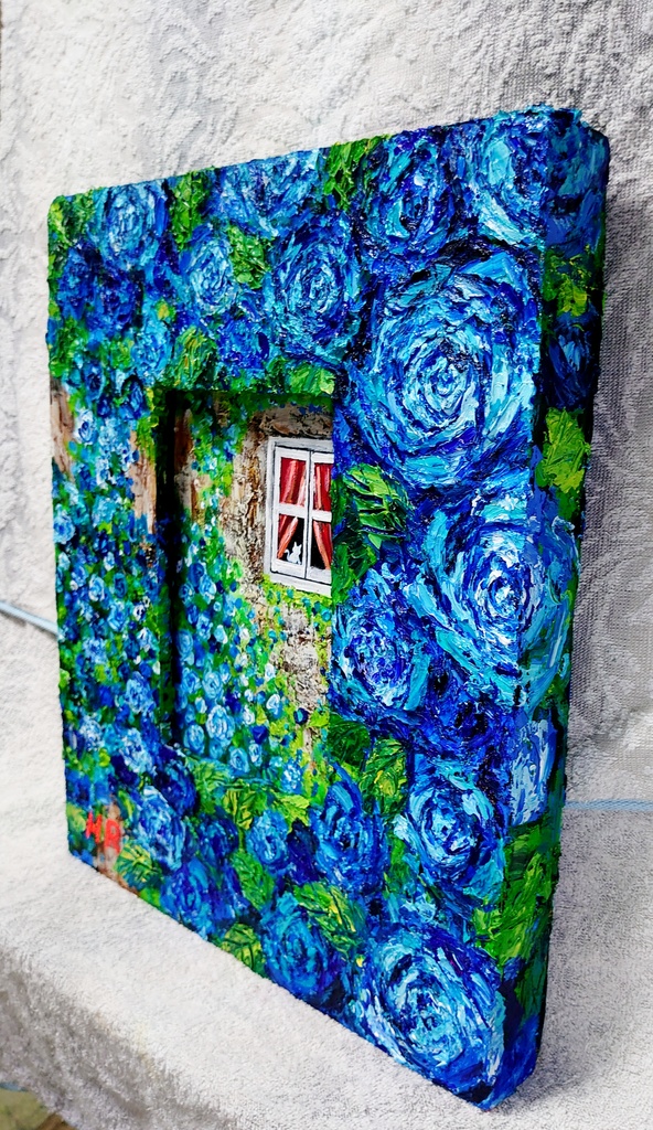 油絵 猫と青い薔薇