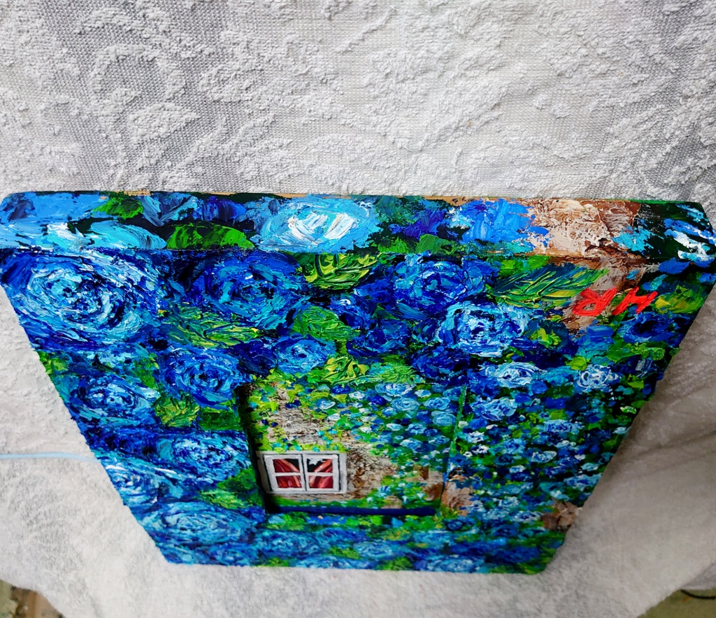 油絵 猫と青い薔薇