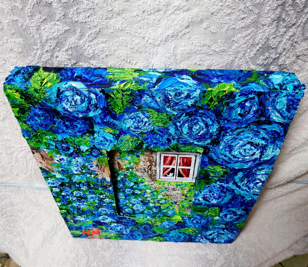 油絵 猫と青い薔薇