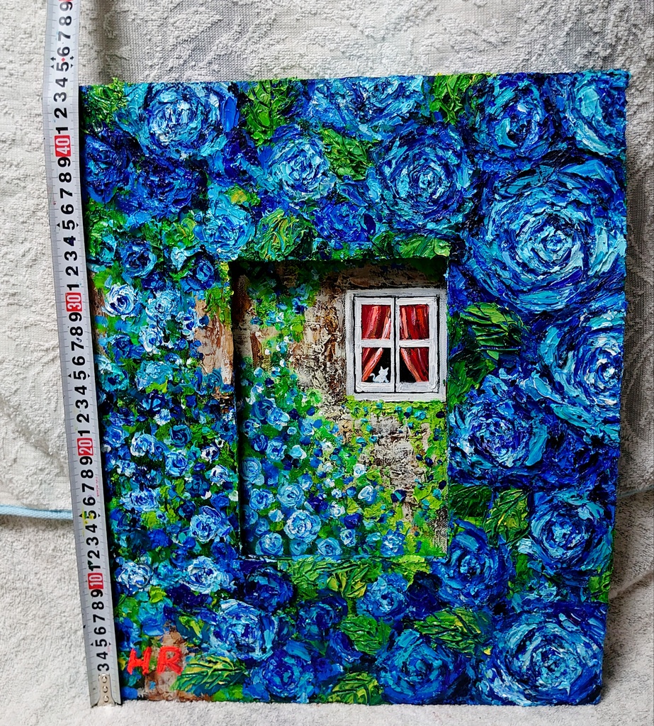 油絵 猫と青い薔薇