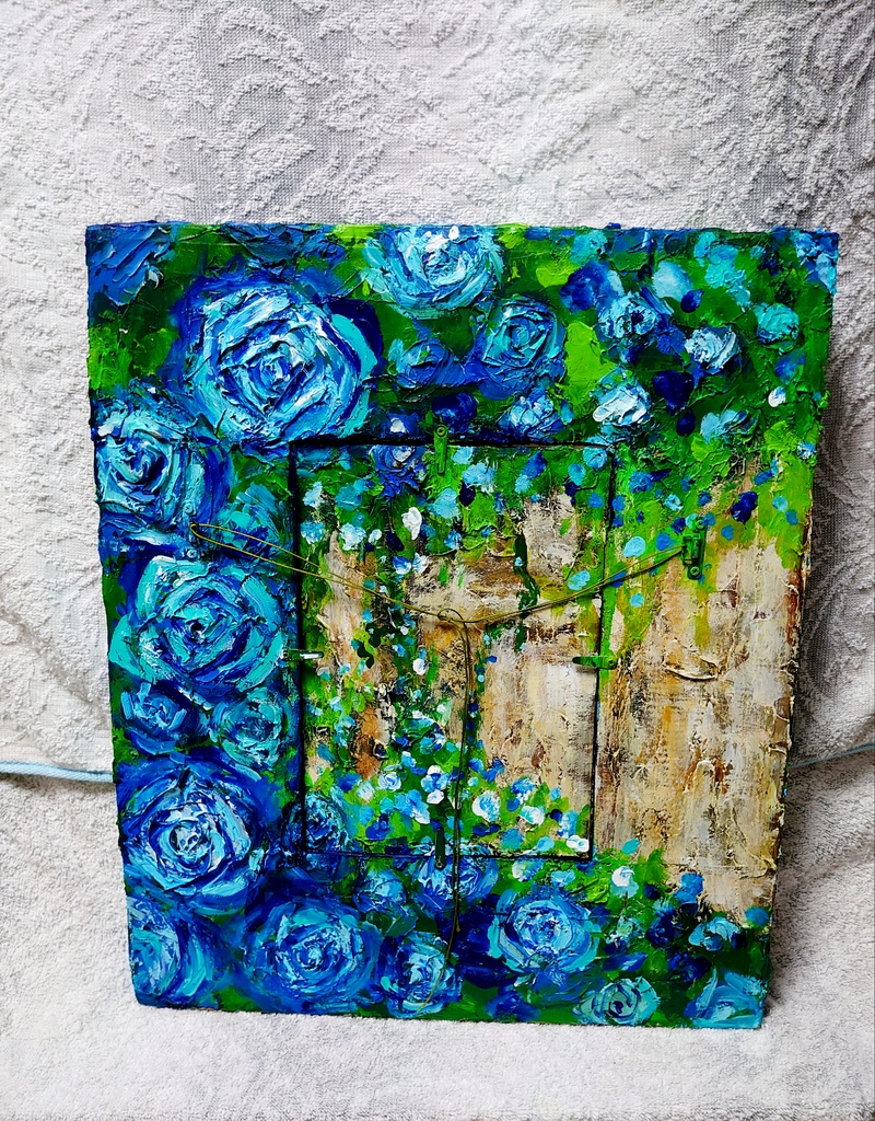 油絵 猫と青い薔薇