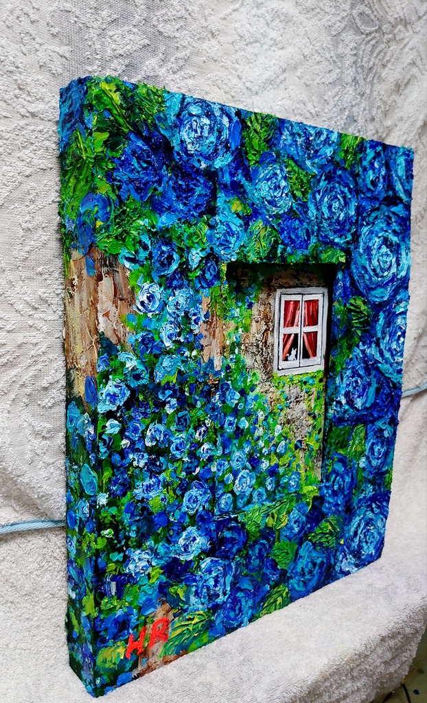 油絵 猫と青い薔薇