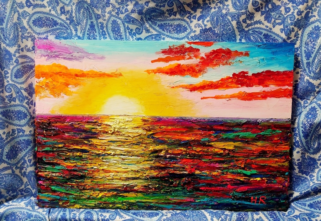 油絵 絵画 夕日の海【Ａ3】