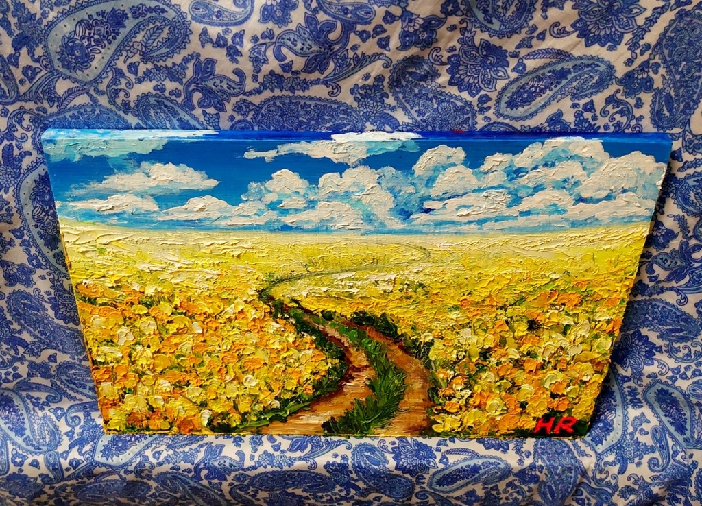 油絵 菜の花の道