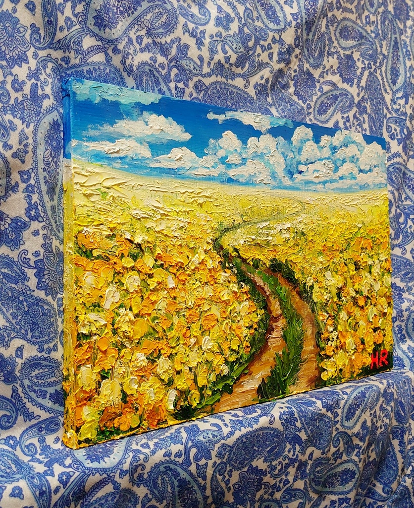 油絵 菜の花の道