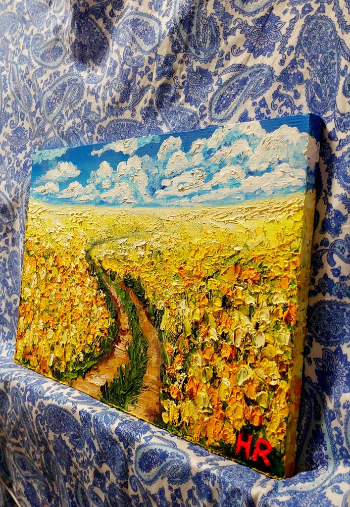 油絵 菜の花の道
