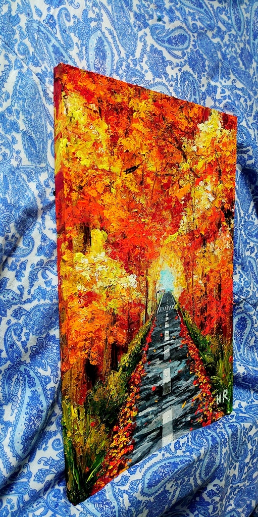 油絵 紅葉の道
