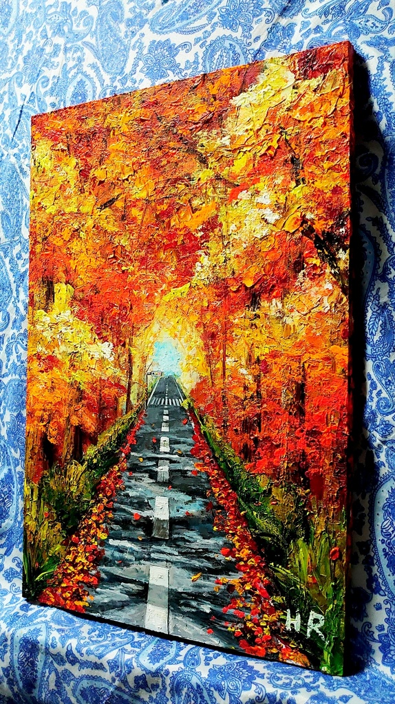 油絵 紅葉の道