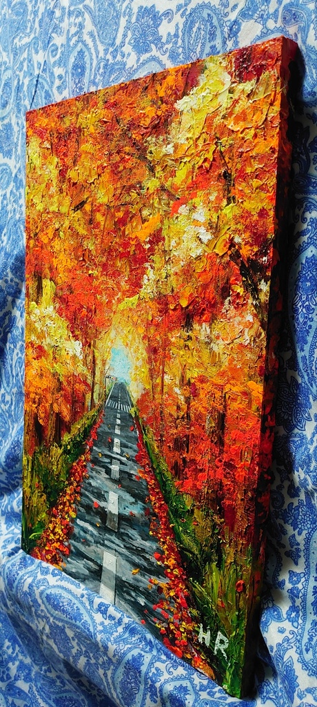 油絵 紅葉の道