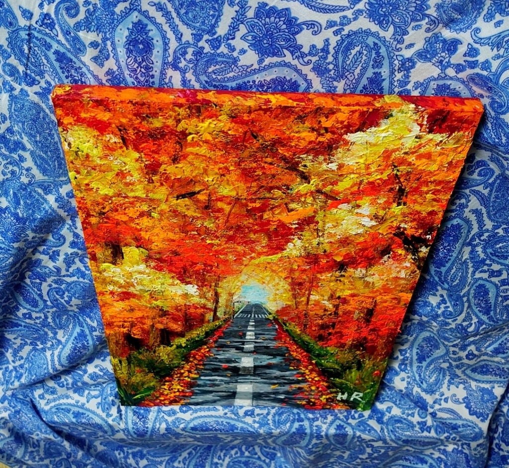 油絵 紅葉の道