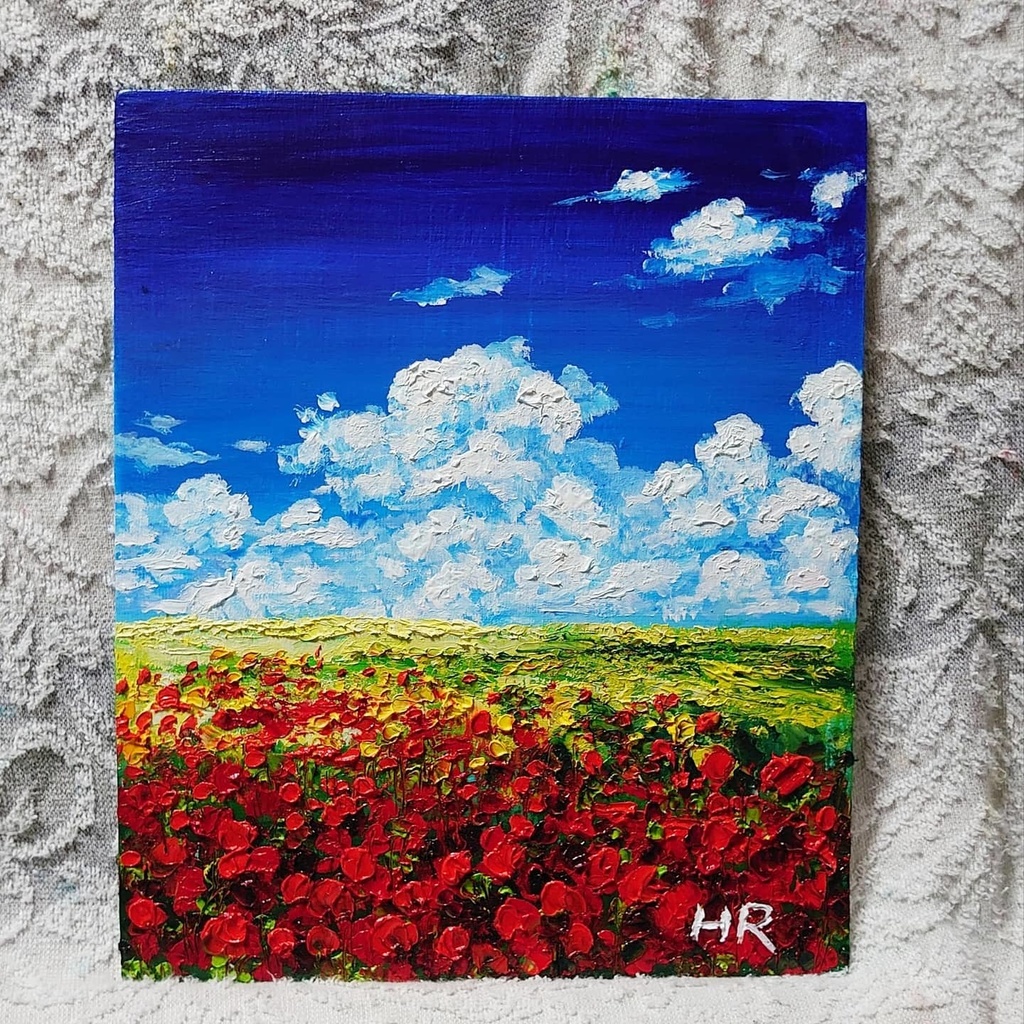 油絵 空と雲のお花畑