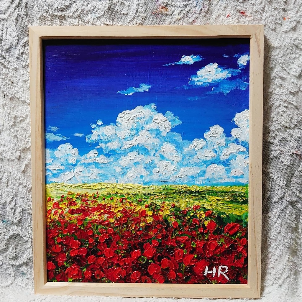 油絵 空と雲のお花畑