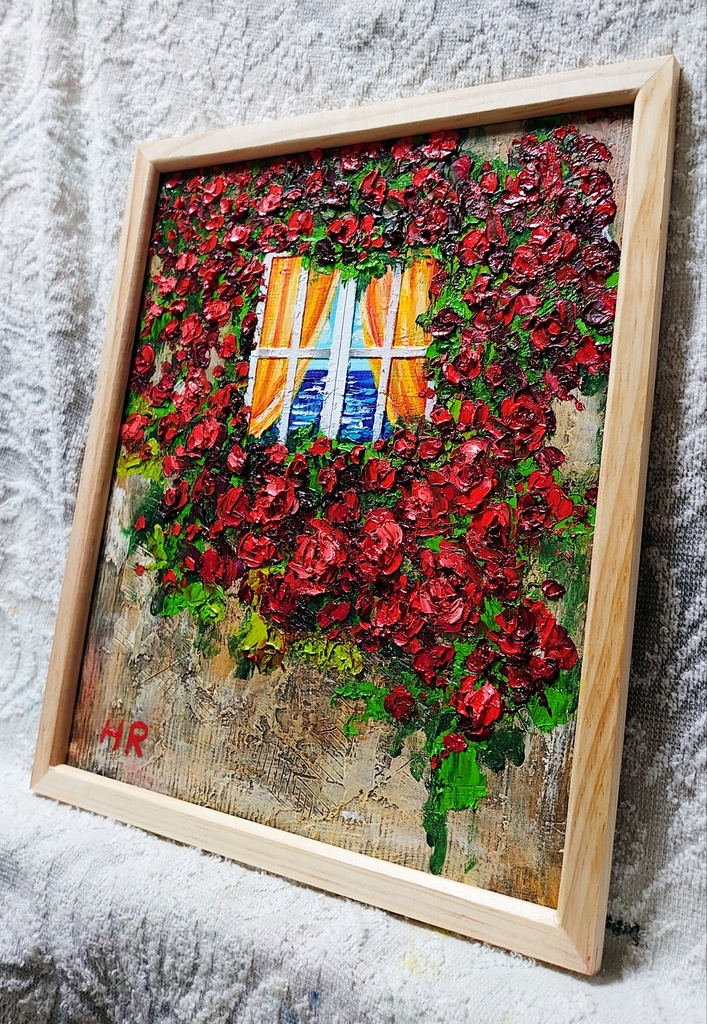 油絵 バラの先に見える海