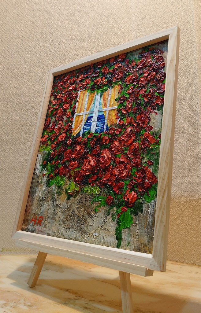 油絵 バラの先に見える海