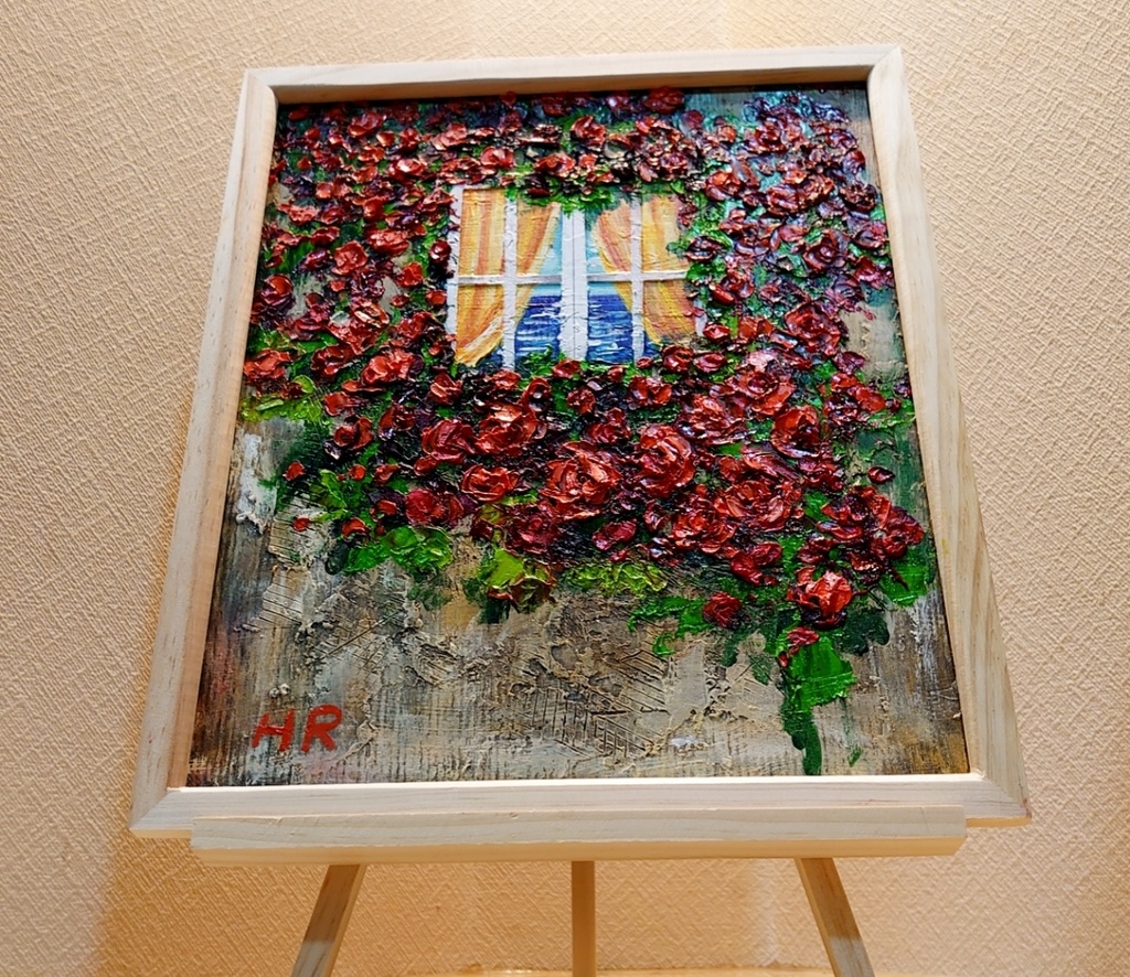 油絵 バラの先に見える海