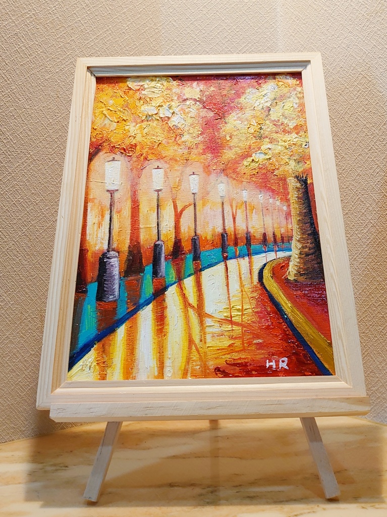 油絵 紅葉の夜景