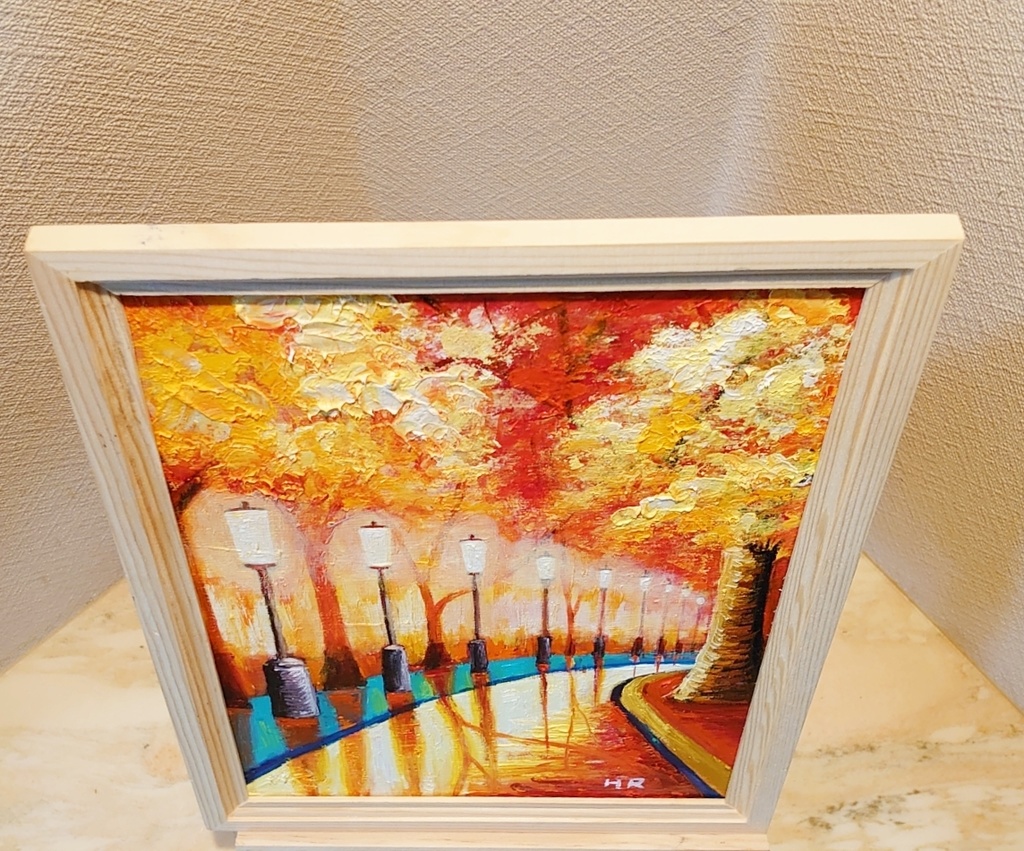 油絵 紅葉の夜景