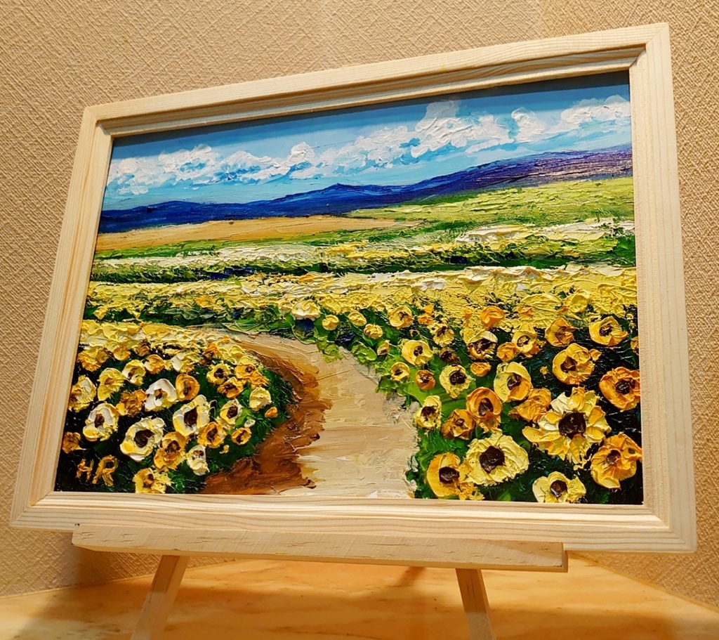 油絵 絵画 ひまわり畑の富士山 - 絵画