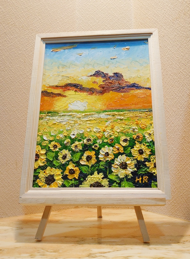 油絵 夕暮れのひまわり畑