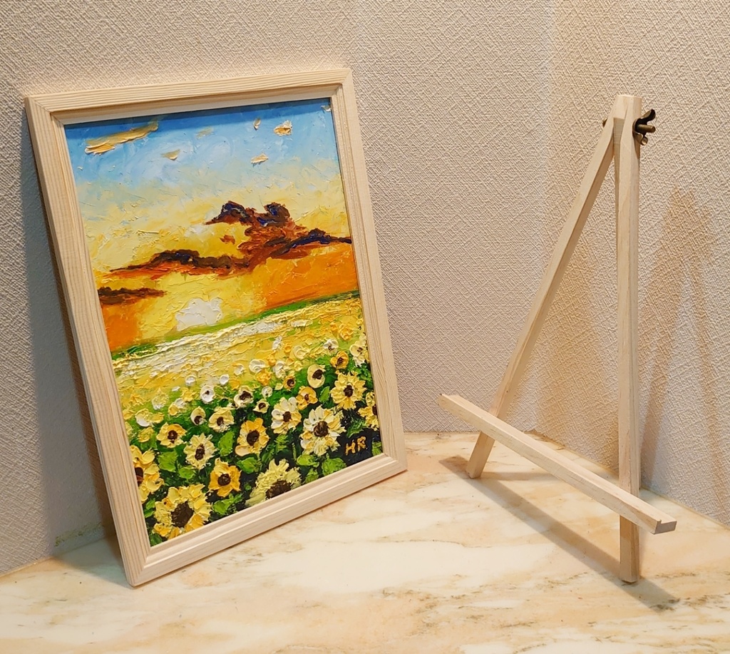 油絵 夕暮れのひまわり畑