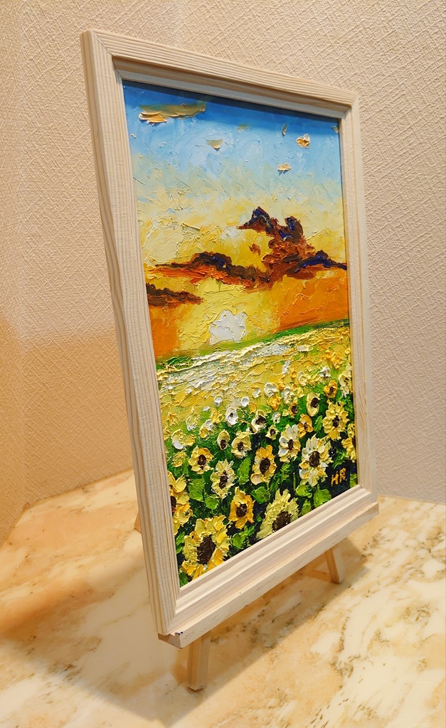 油絵 夕暮れのひまわり畑