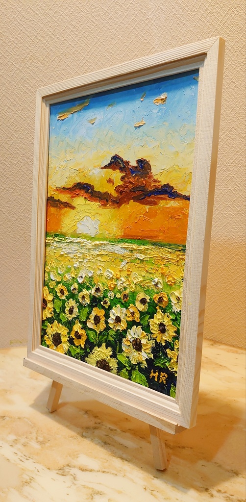 油絵 夕暮れのひまわり畑