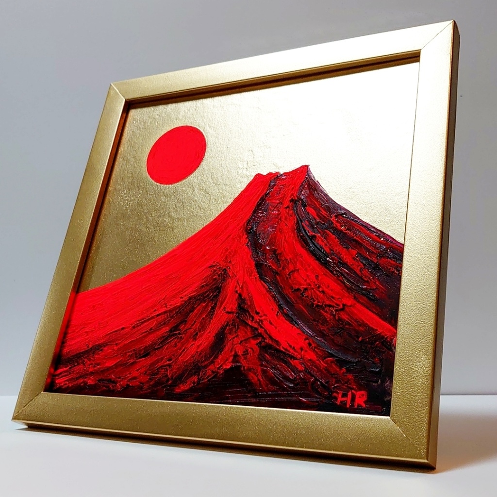 油絵 ミニ絵画 【赤富士と太陽】