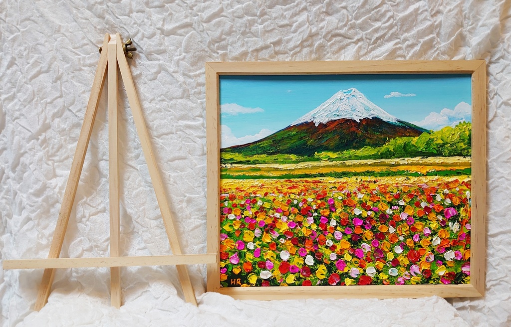 油絵 絵画 お花畑と富士山 【四切木製】