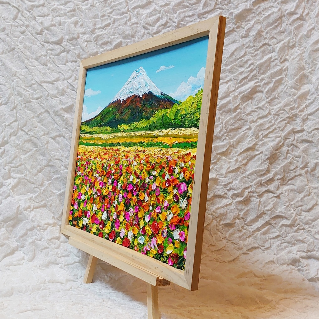 油絵 絵画 お花畑と富士山 【四切木製】