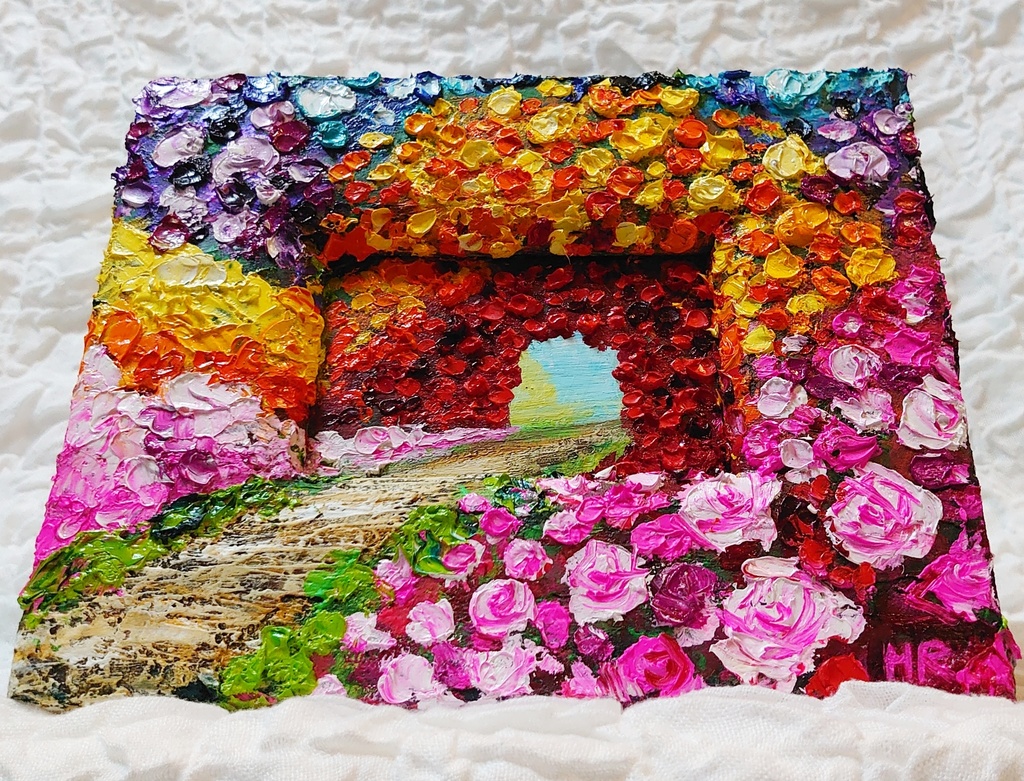油絵 ミニ絵画【花の道】