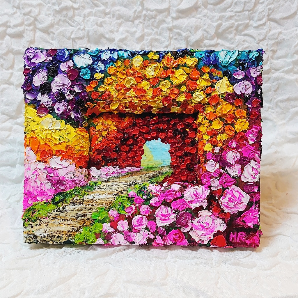 油絵 ミニ絵画【花の道】