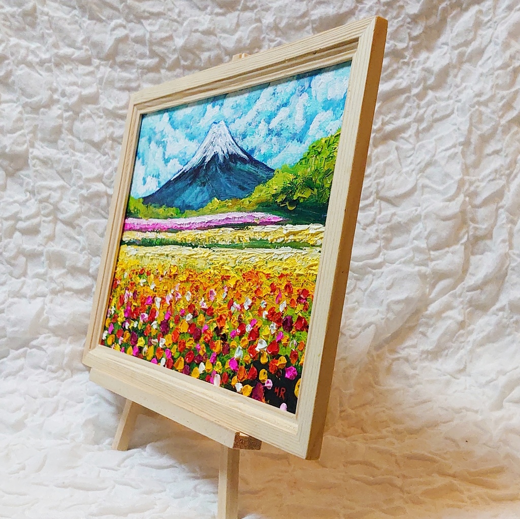 油絵 絵画 お花畑と富士山 【A4】