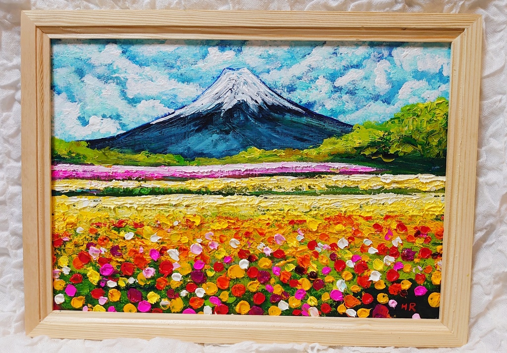 油絵 絵画 お花畑と富士山 【A4】
