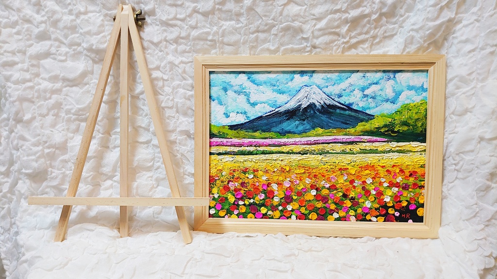 油絵 絵画 お花畑と富士山 【A4】