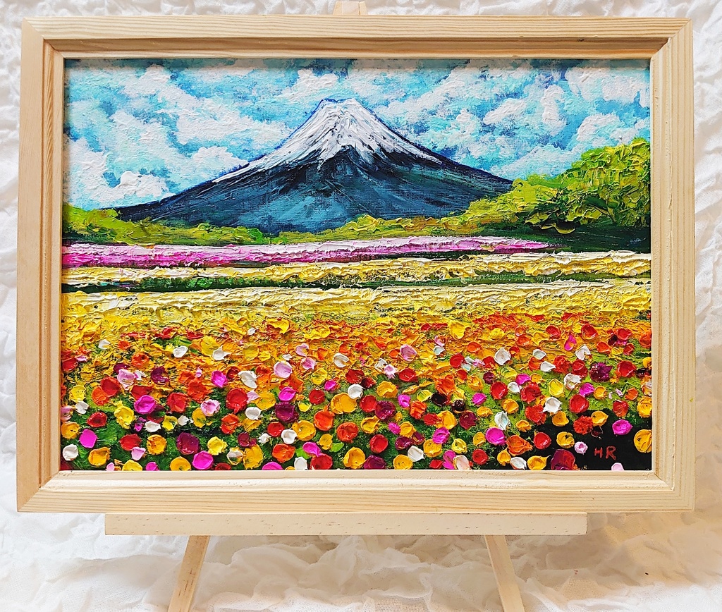 油絵 絵画 お花畑と富士山 【Ａ4】