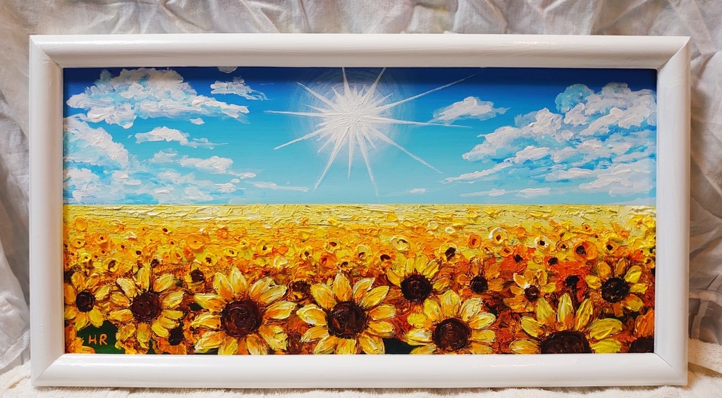 油絵 絵画 太陽とひまわり畑【四切木製】