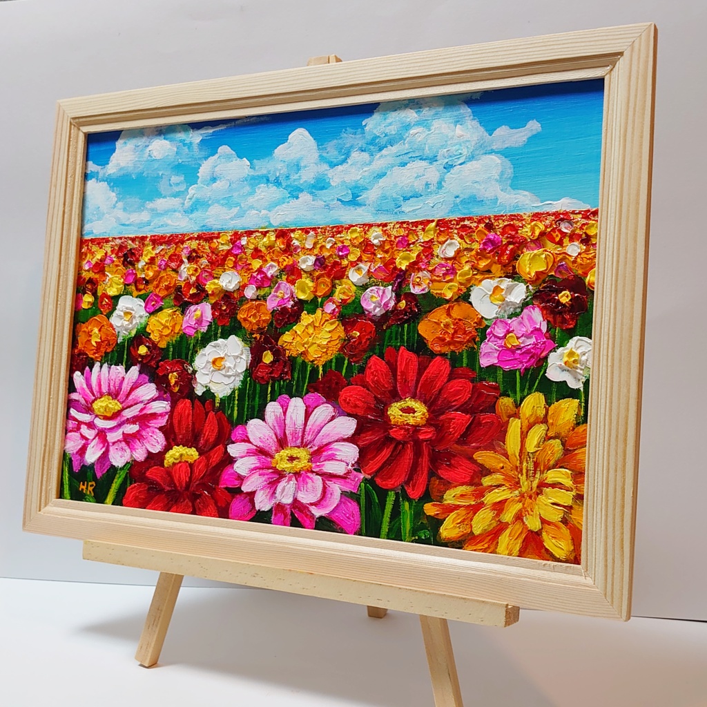 油絵 絵画【ジニアのお花畑】