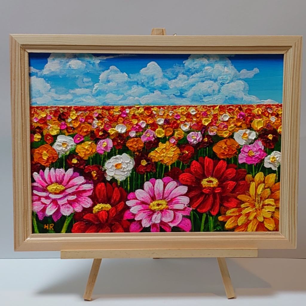 油絵 絵画【ジニアのお花畑】