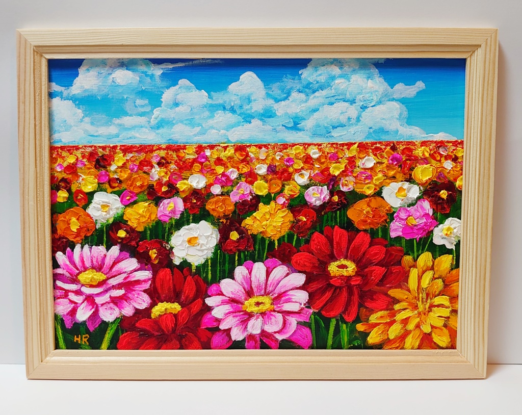 油絵 絵画【ジニアのお花畑】