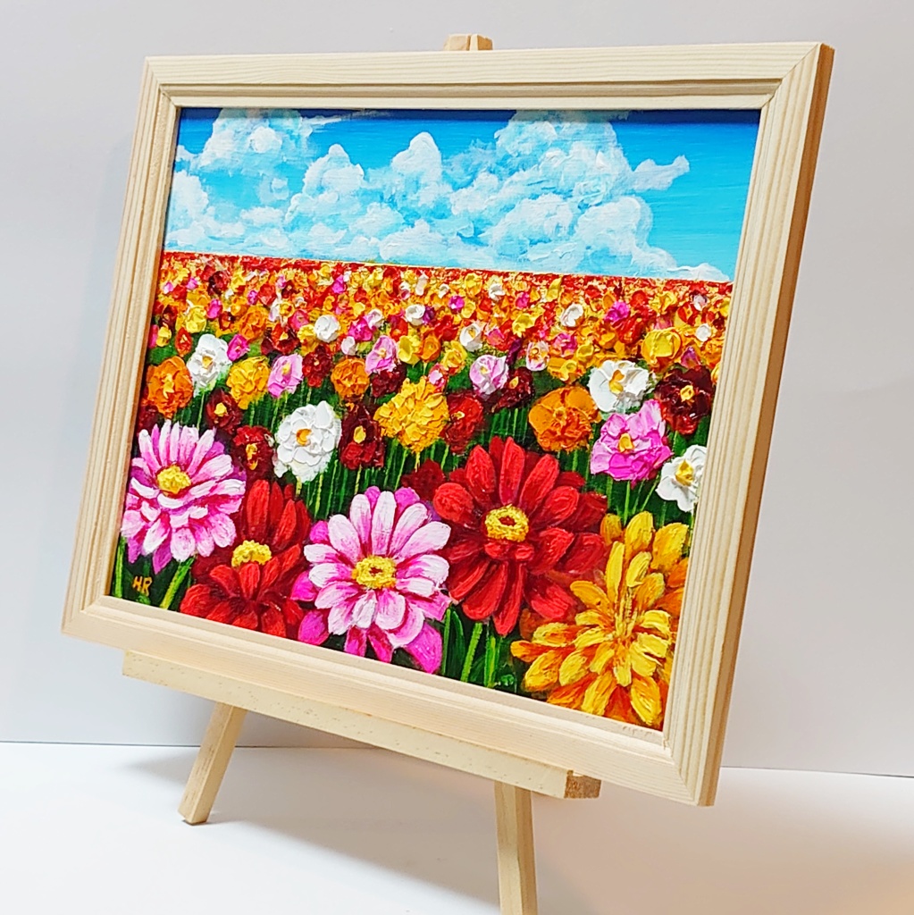 油絵 絵画【ジニアのお花畑】