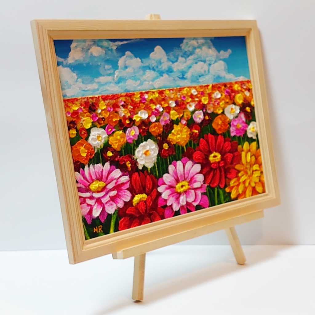 油絵 絵画【ジニアのお花畑】