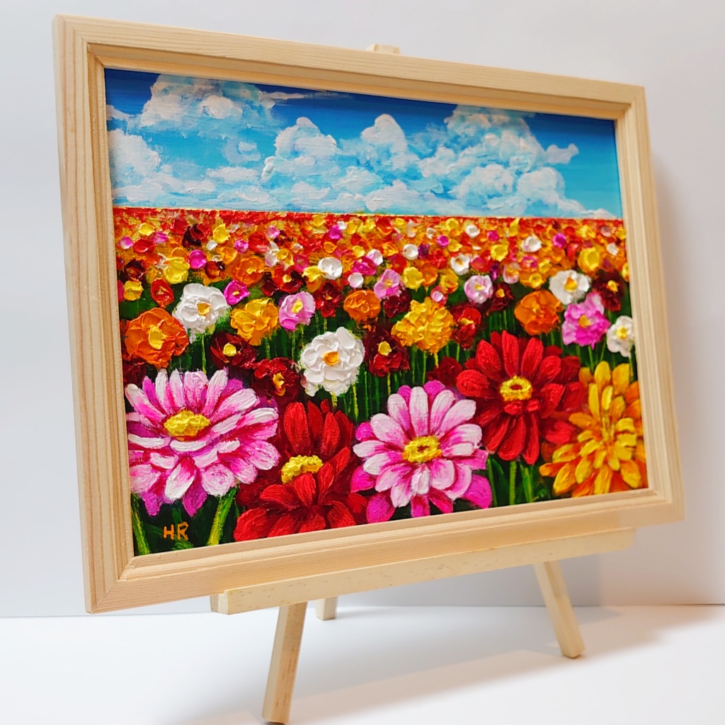 油絵 絵画【ジニアのお花畑】