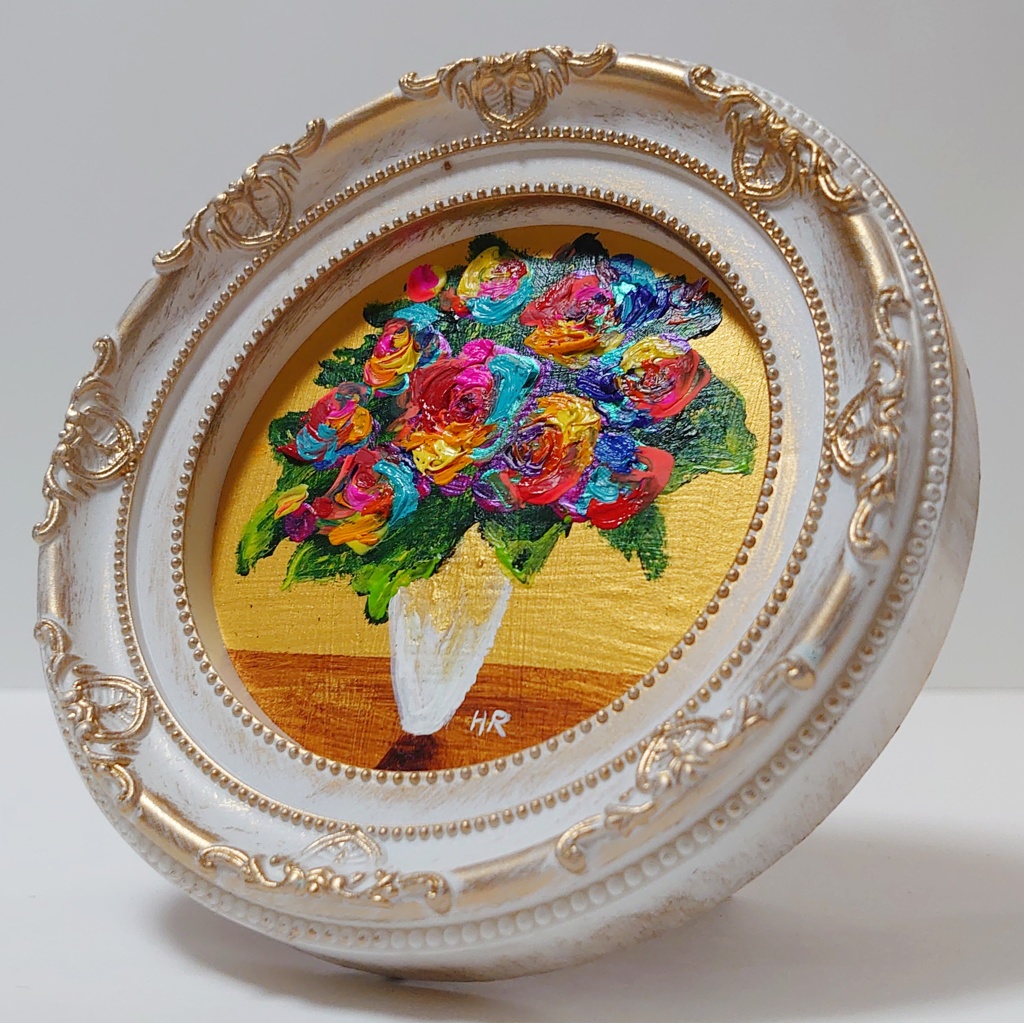 油絵 ミニ絵画【レインボーローズ】